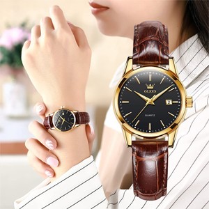 OLEVS 6898 Black Dial Genuine Leather Watch For Women