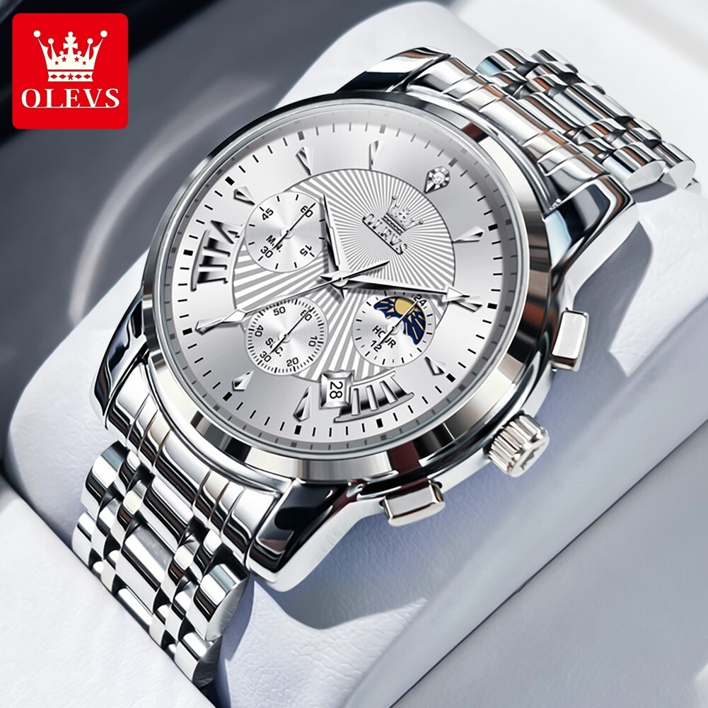 OLEVS 2892 Stainless Steel Waterproof Fashion Chronograph Silver Quartz Watch For Men's