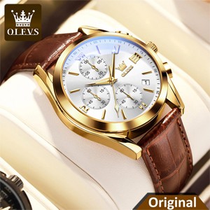 OLEVS 2872 Waterproof Genuine Leather Belt Quartz Wrist watch for Men's-Golden White